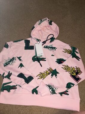 Lacoste Hoodie Womens 36 Pink Crocodile Pullover Allover Print Spot Shown NWT 🐊